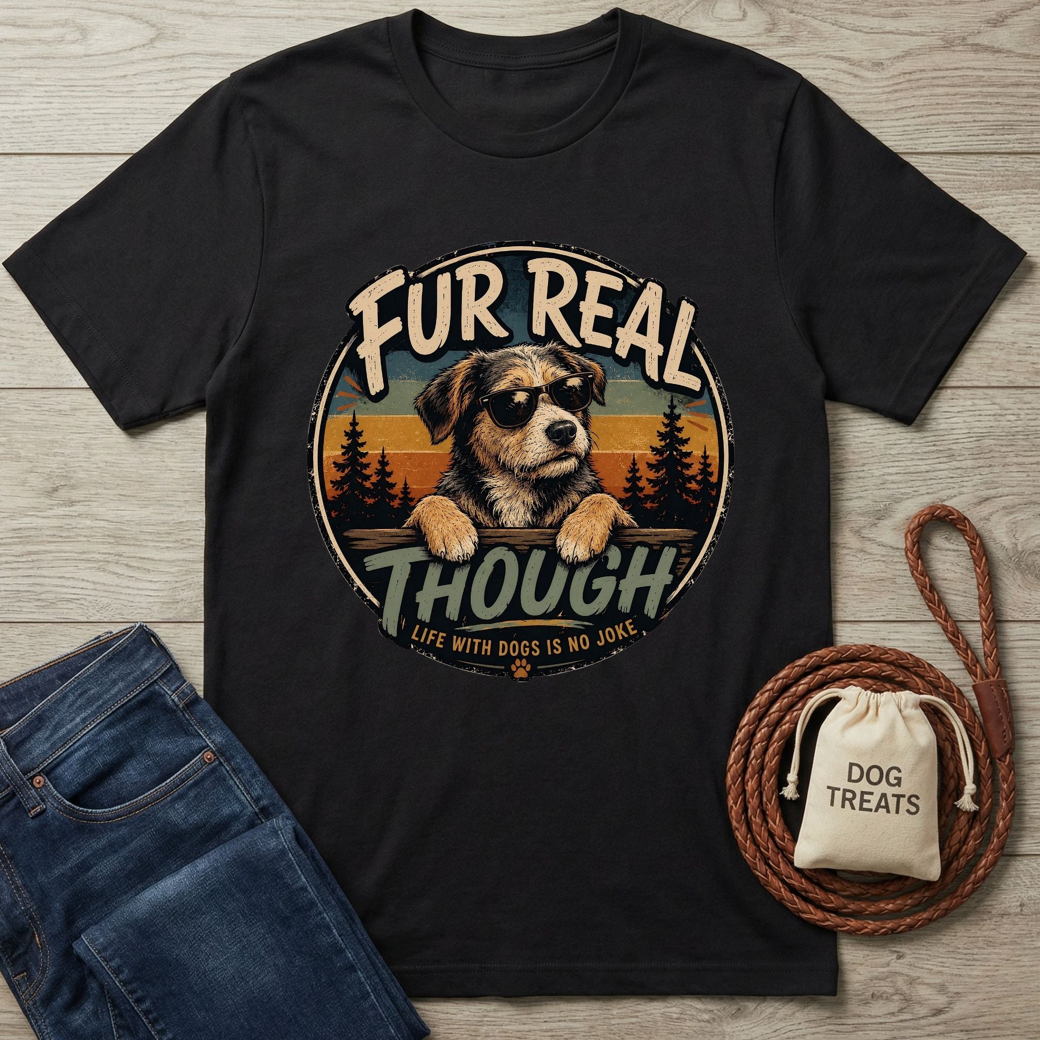 Black cotton t-shirt featuring a retro graphic of a dog in sunglasses with the text Fur Real Though on a wooden background.