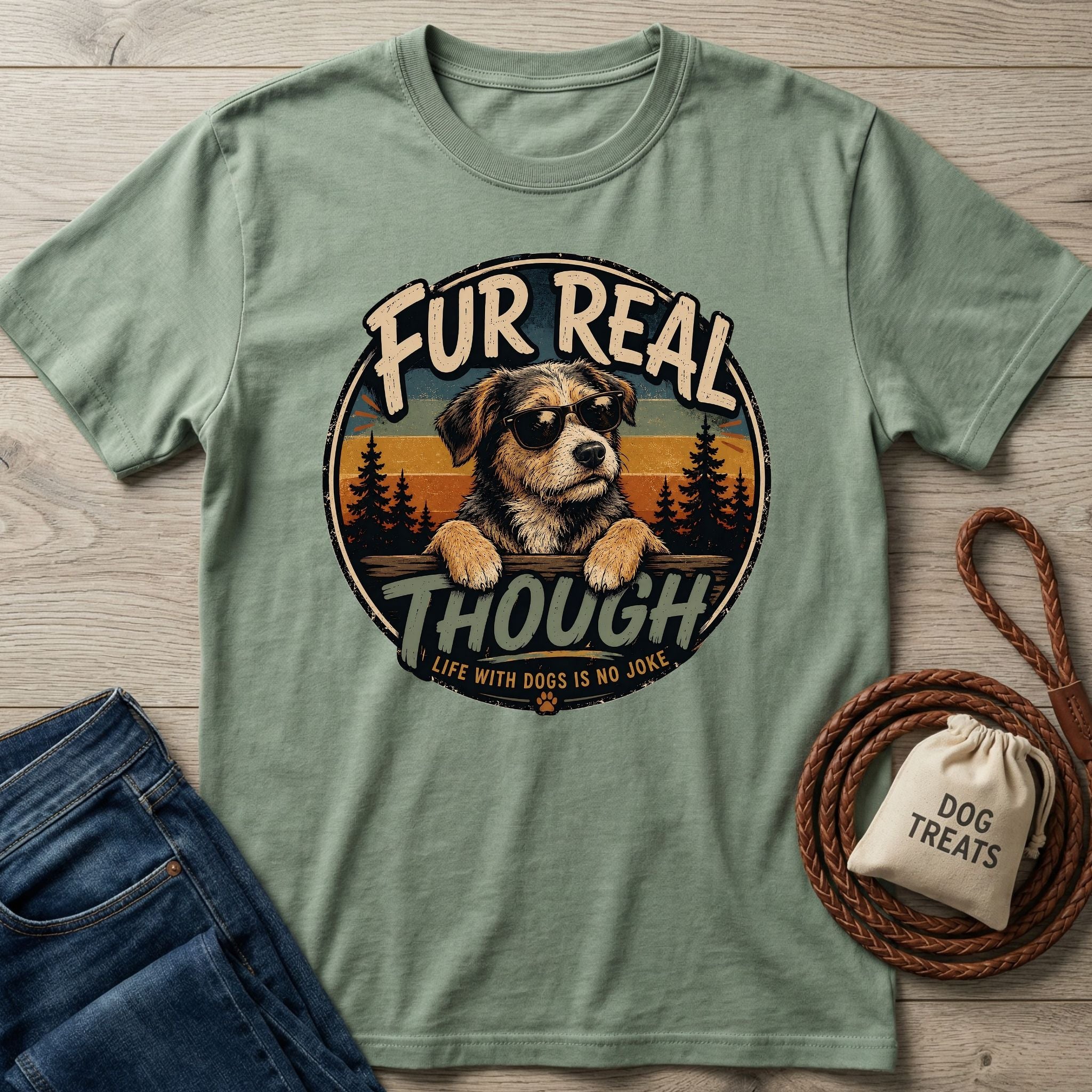 Sage green cotton t-shirt featuring a vintage-style graphic of a dog in sunglasses with the text Fur Real Though.