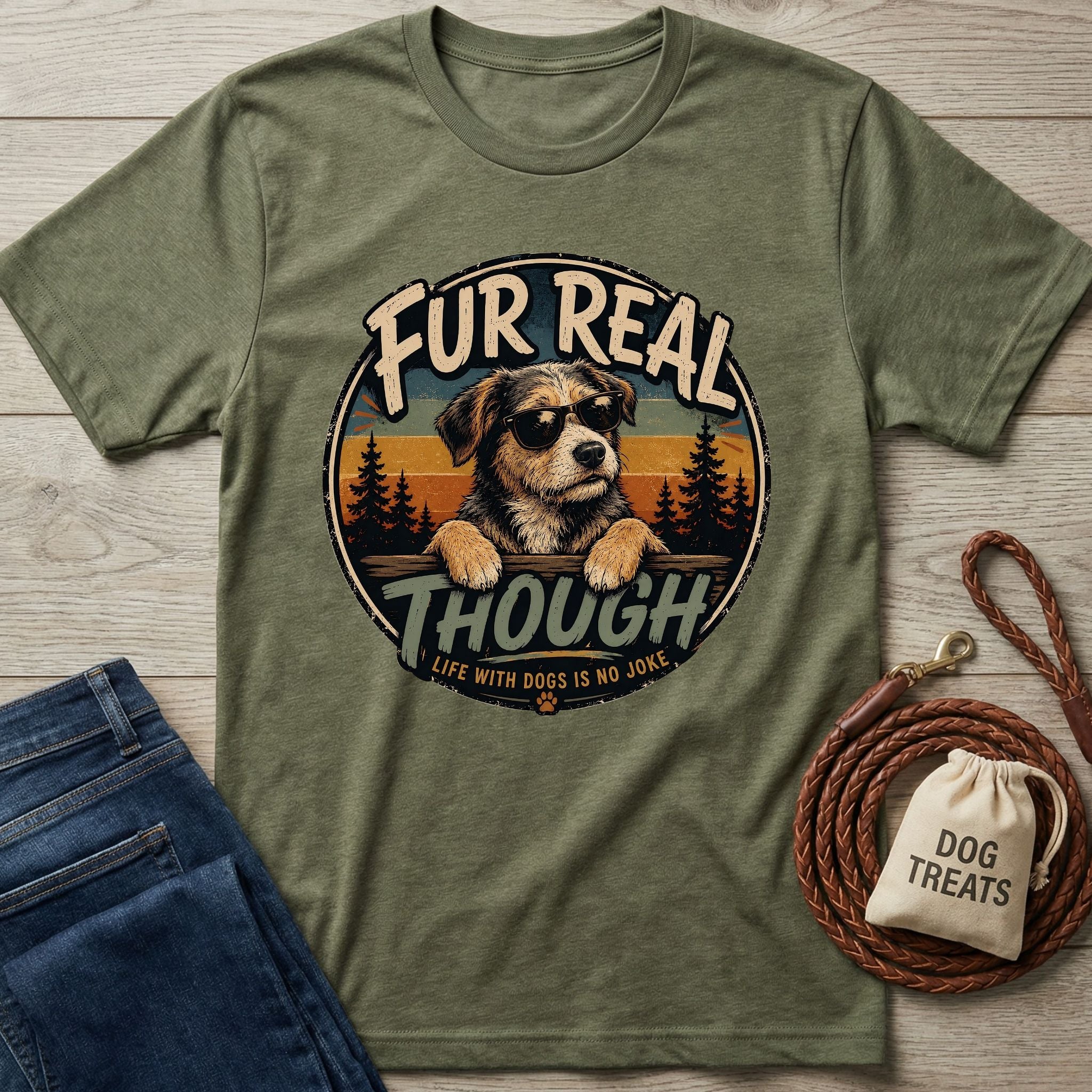 Olive green crewneck t-shirt featuring a vintage-style graphic of a dog in sunglasses with the text Fur Real Though.
