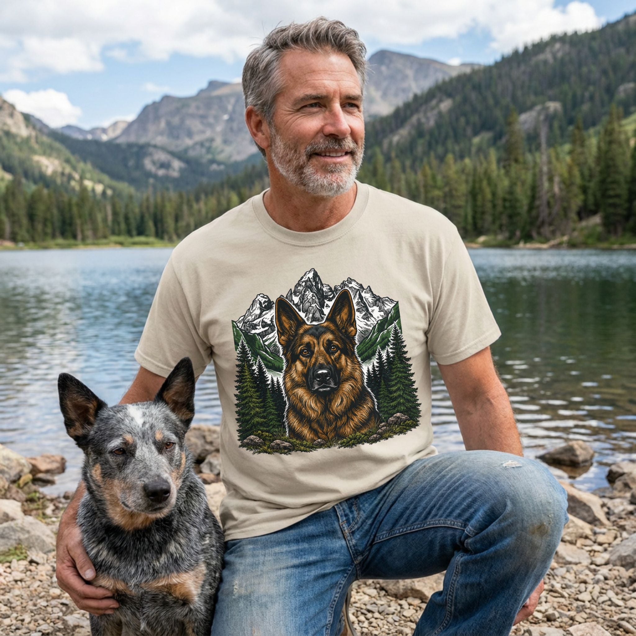 Man wearing a beige crewneck t-shirt featuring a detailed German Shepherd portrait with mountain and pine forest graphics.