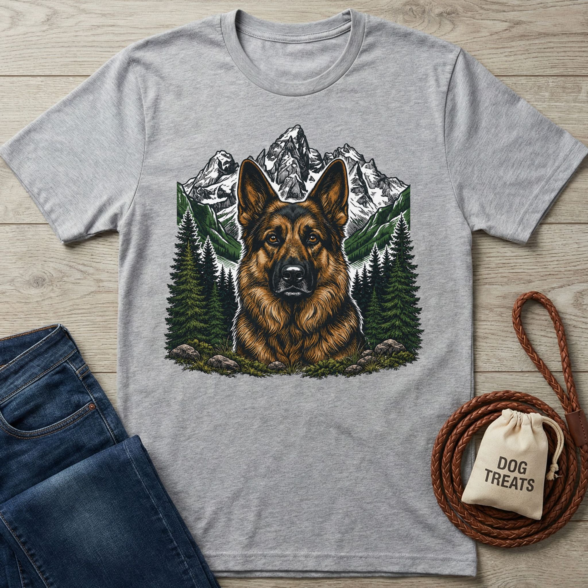 Grey crewneck t-shirt featuring a detailed German Shepherd portrait against a mountain and pine forest landscape.