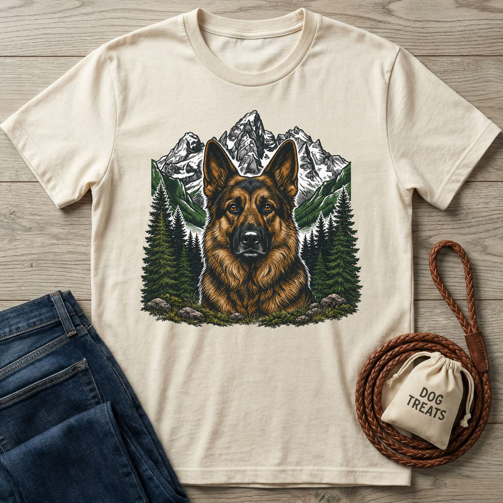 Cream-colored cotton t-shirt featuring a detailed German Shepherd portrait, mountain landscape, and pine forest graphic.