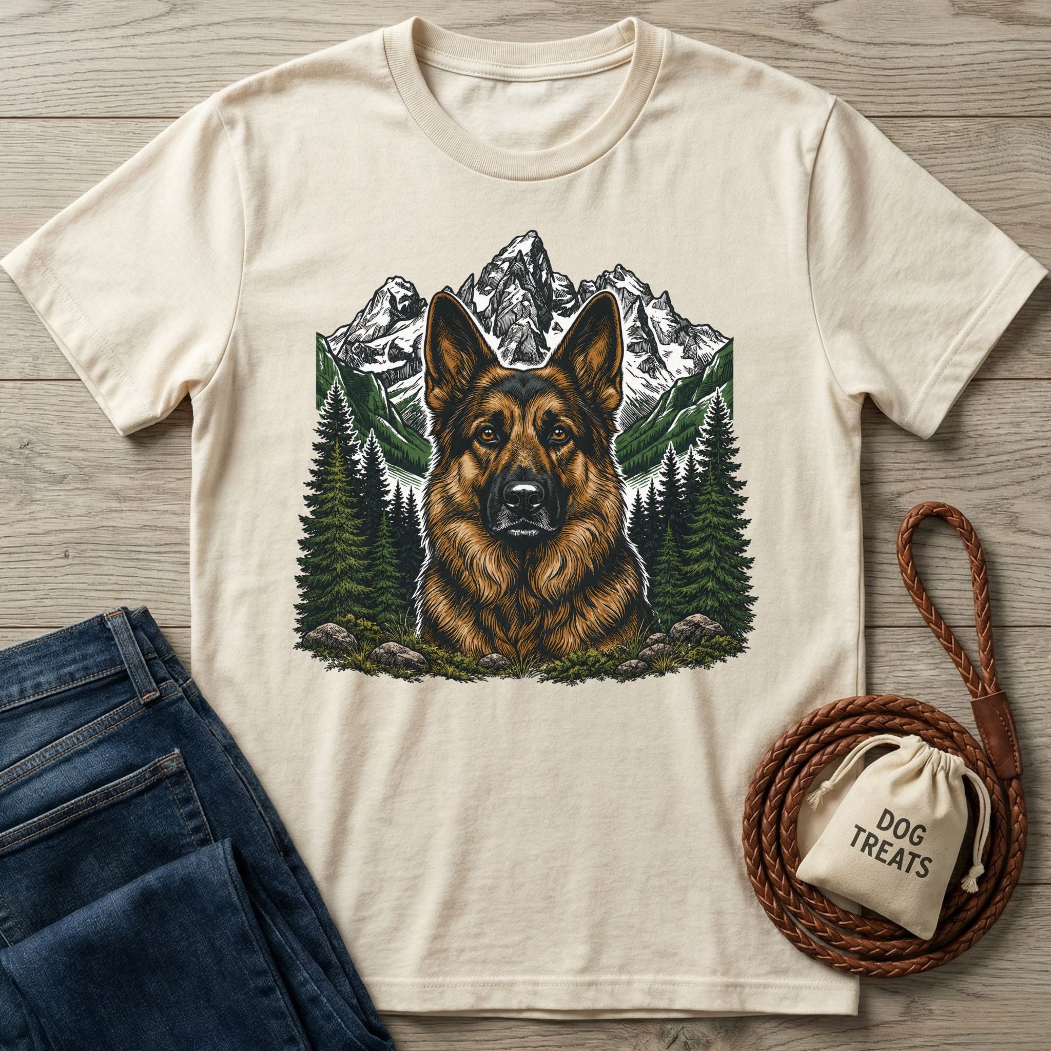 Cream-colored cotton t-shirt featuring a detailed German Shepherd portrait, mountain landscape, and pine forest graphic.