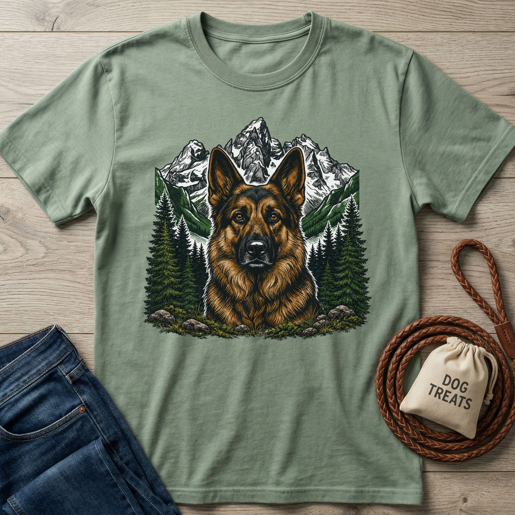 Sage green crewneck t-shirt featuring a detailed German Shepherd portrait, pine forest, and mountain landscape graphic.