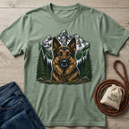 Sage green crewneck t-shirt featuring a detailed German Shepherd portrait, pine forest, and mountain landscape graphic.