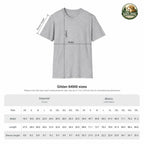 Gildan Softstyle 64000 light grey t-shirt with size chart showing imperial and metric measurements.