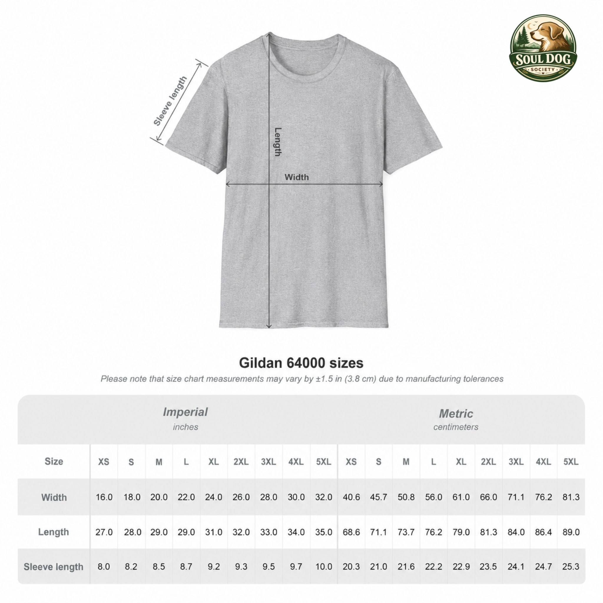 Gildan Softstyle 64000 light grey t-shirt with size chart showing imperial and metric measurements.