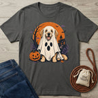 Charcoal gray cotton t-shirt featuring a Golden Retriever in a ghost costume, pumpkin, and haunted house graphic.