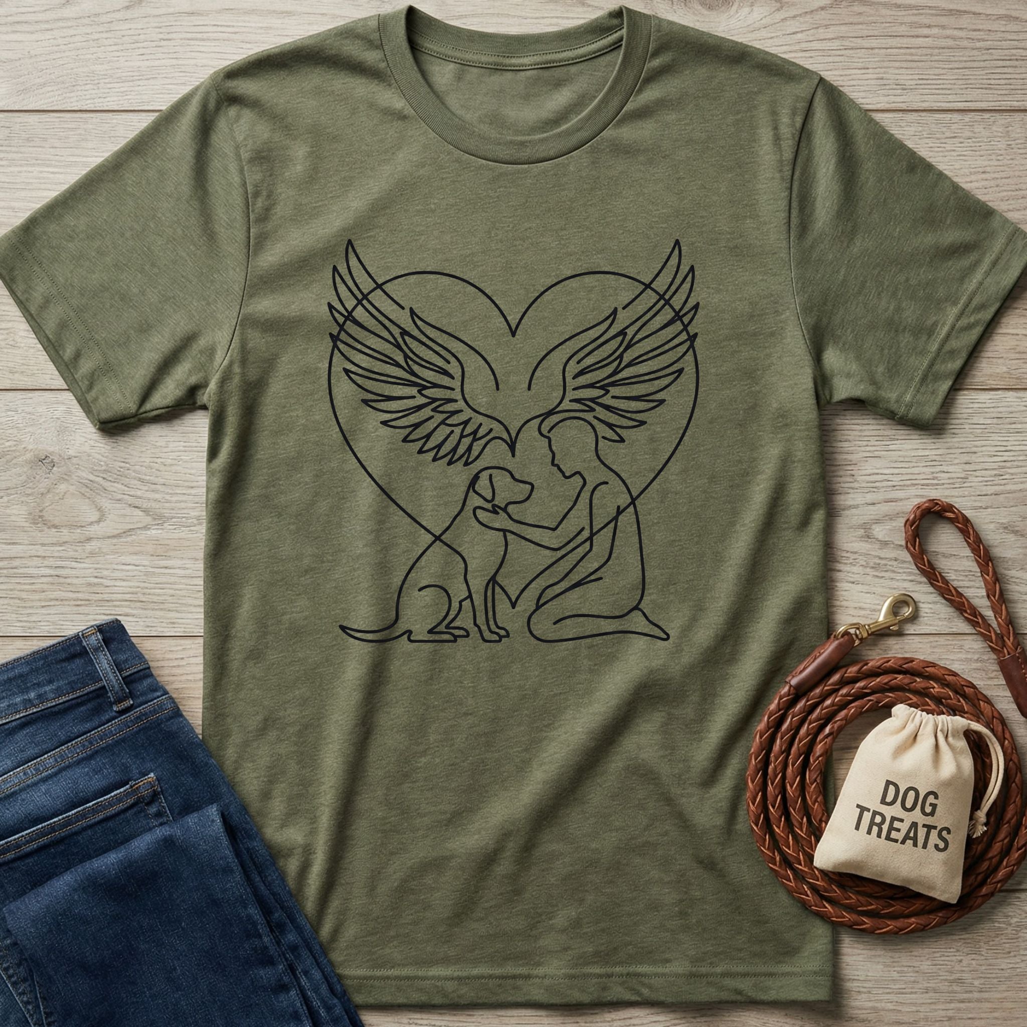 Olive green t-shirt with black line art of a person embracing a dog within angel wings and a heart.