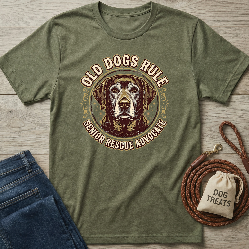 Olive green Old Dogs Rule T-shirt with a senior Labrador graphic, next to jeans, a leather leash, and dog treats.