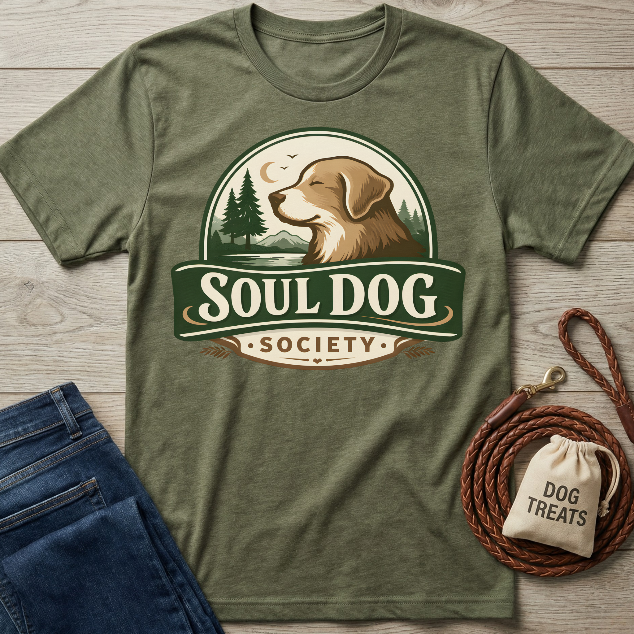 Olive green Soul Dog Society logo t-shirt with a brown dog, forest, and moon design.