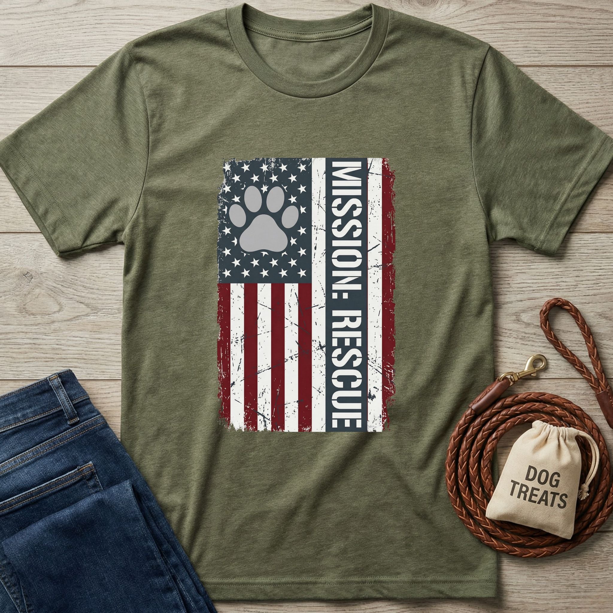 Olive green Gildan Softstyle® t-shirt with a distressed American flag and "MISSION: RESCUE" text.