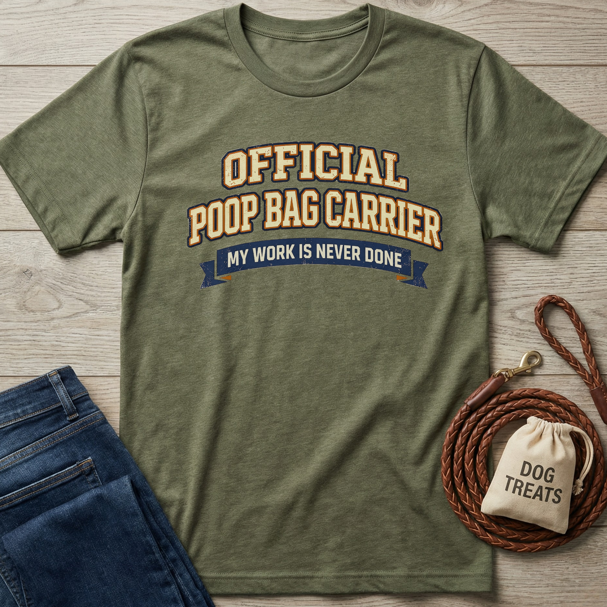 Heather olive green t-shirt with "Official Poop Bag Carrier My Work Is Never Done" text.