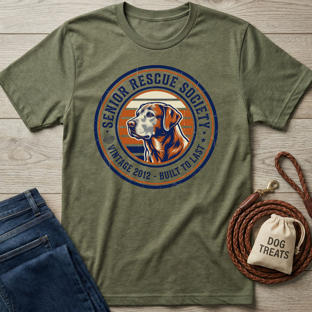 Olive green Senior Rescue Society t-shirt with a vintage dog graphic, jeans, and dog treats.