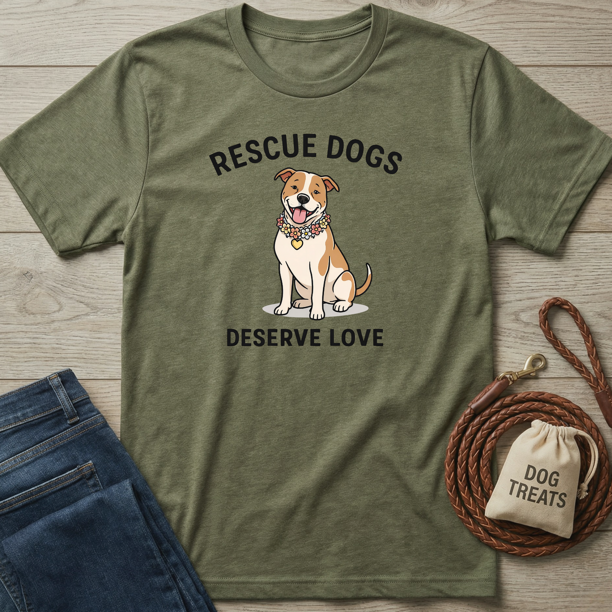 Olive green "Rescue Dogs Deserve Love" t-shirt with a cartoon dog wearing a flower lei, next to jeans and dog treats.