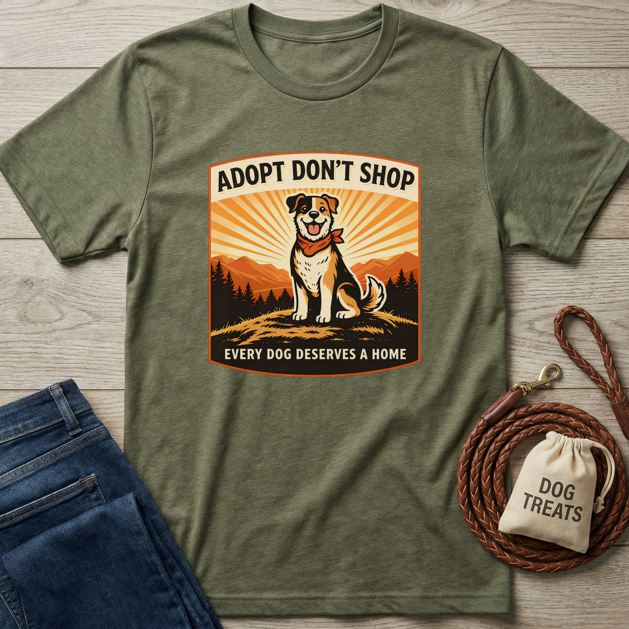 Olive green "Adopt Don't Shop" t-shirt with a mixed-breed dog graphic, mountains, and sunset.