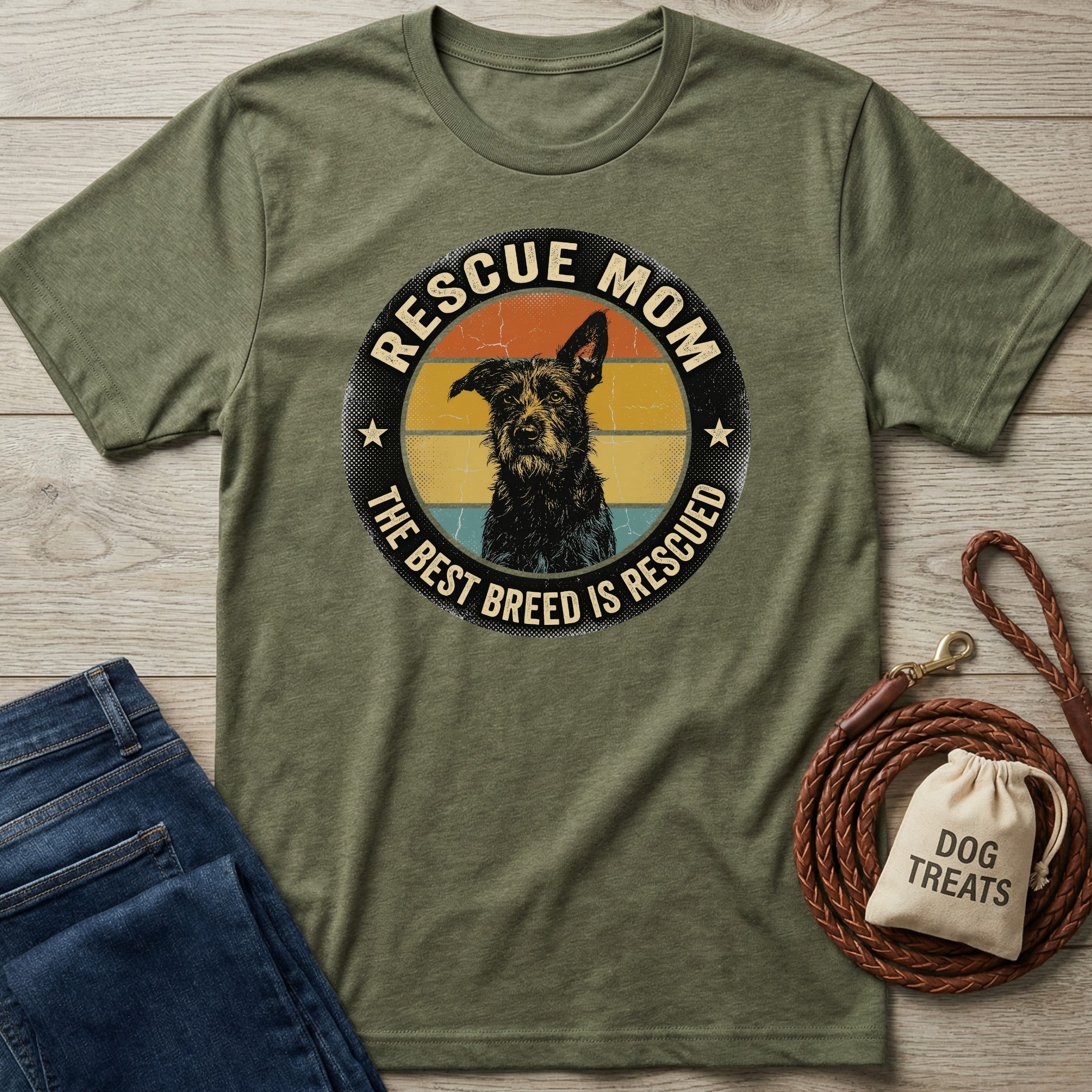 Olive green "Rescue Mom" t-shirt with a vintage sunset and terrier dog graphic, next to jeans and dog leash.