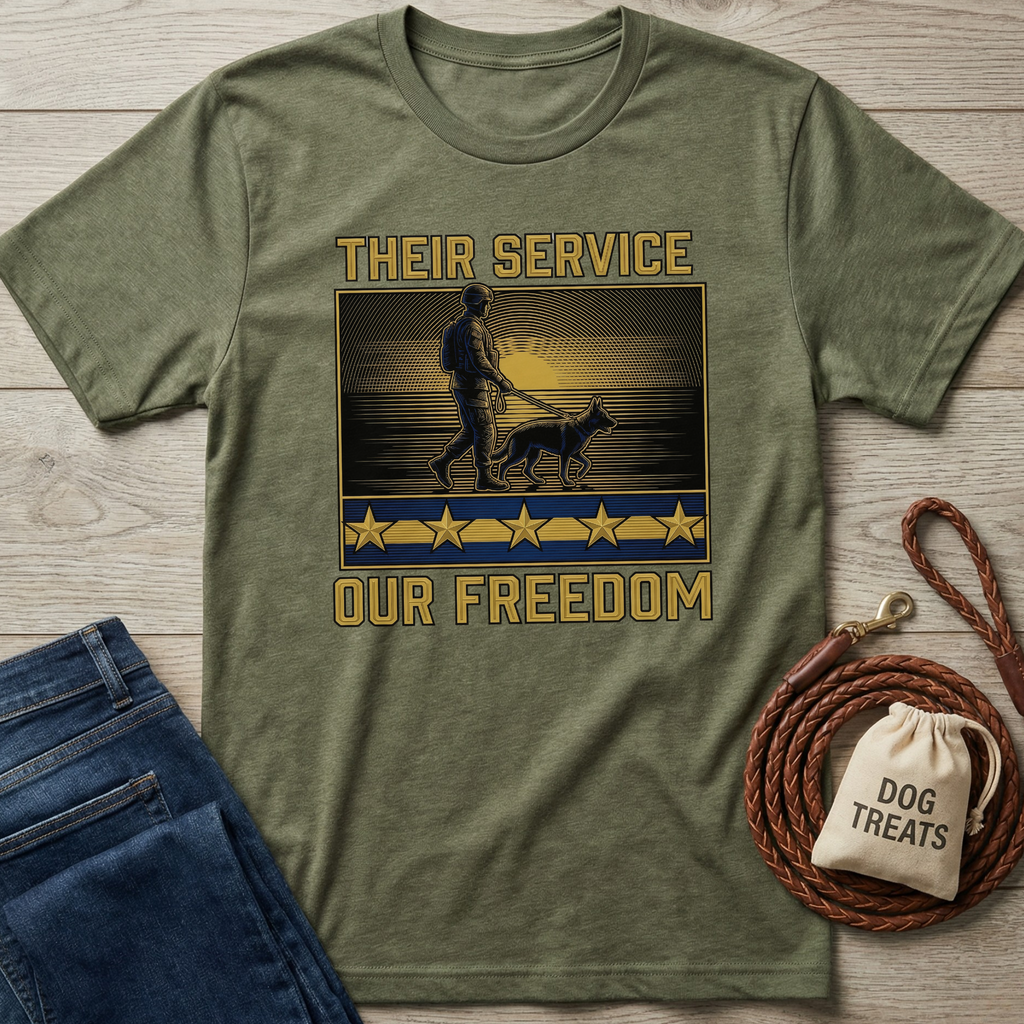 Olive green "Their Service Our Freedom" t-shirt with soldier and K9 graphic, gold stars, and text.
