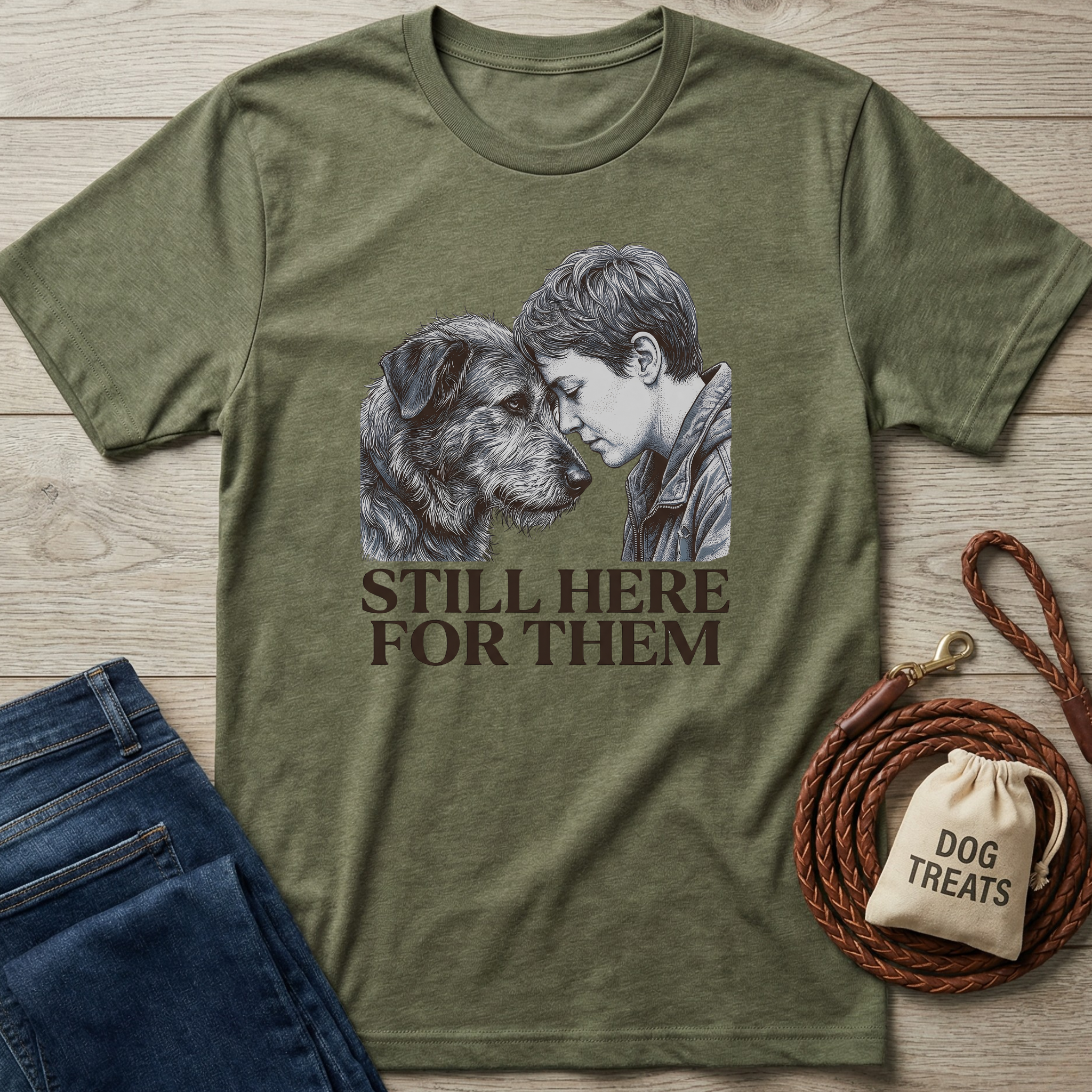 Olive green "Still Here For Them" t-shirt with a boy and dog illustration, next to jeans and dog accessories.