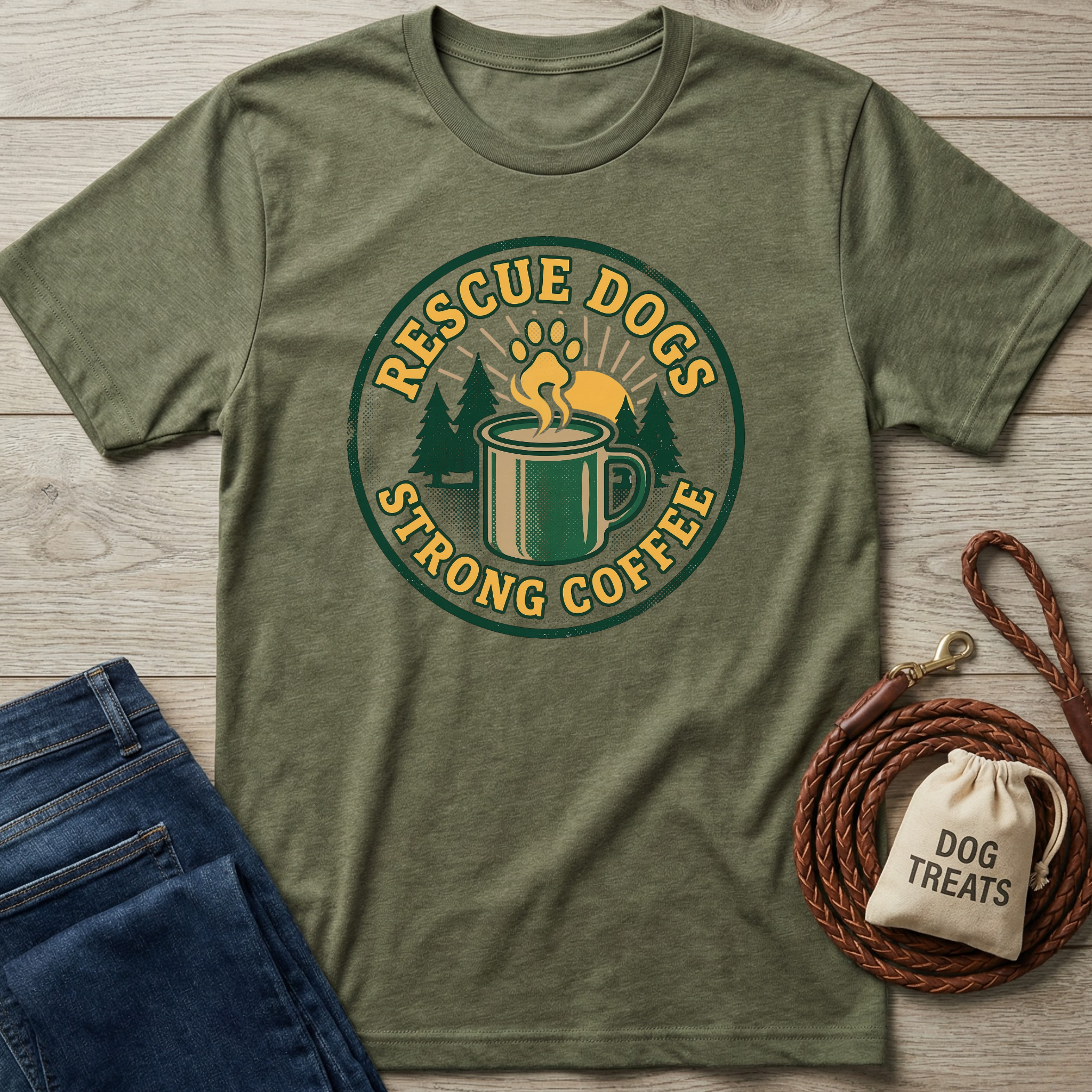 Olive green heather t-shirt with "Rescue Dogs Strong Coffee" graphic, featuring a paw print, coffee mug, and trees.