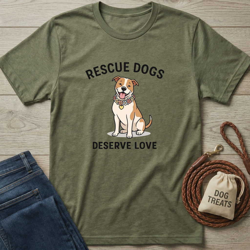 Olive green "Rescue Dogs Deserve Love" t-shirt with a smiling dog wearing a floral collar.