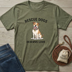 Olive green "Rescue Dogs Deserve Love" t-shirt with a smiling dog wearing a floral collar.