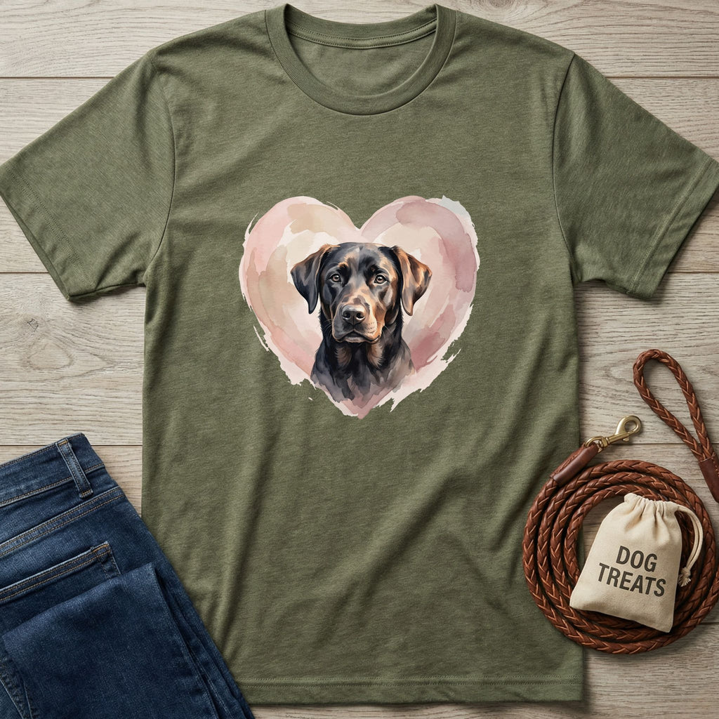 Olive green Gildan Softstyle t-shirt with a black lab in a pink watercolor heart design.