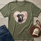 Olive green Gildan Softstyle t-shirt with a black lab in a pink watercolor heart design.
