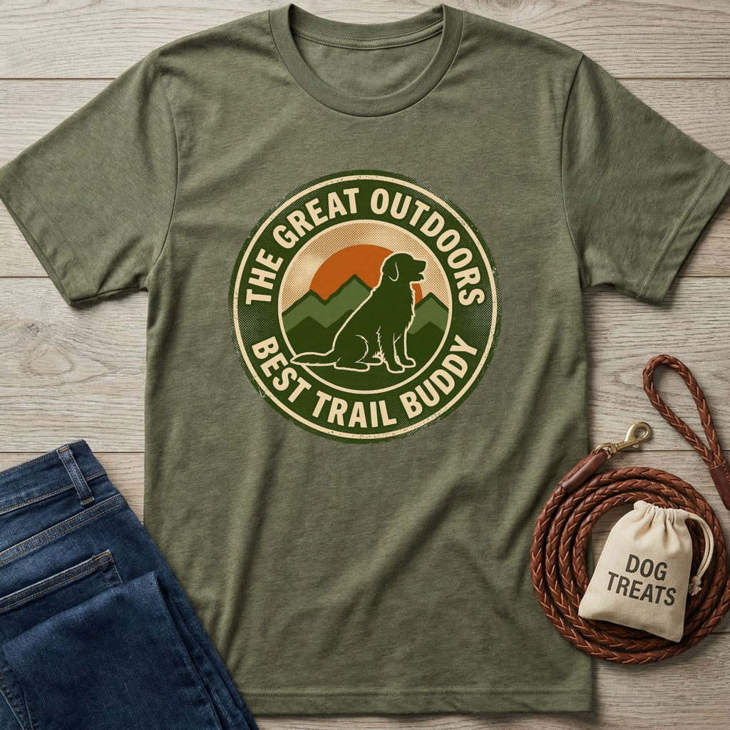 Olive green Gildan Softstyle® t-shirt with "The Great Outdoors Best Trail Buddy" graphic featuring a dog, mountains, and sunset.