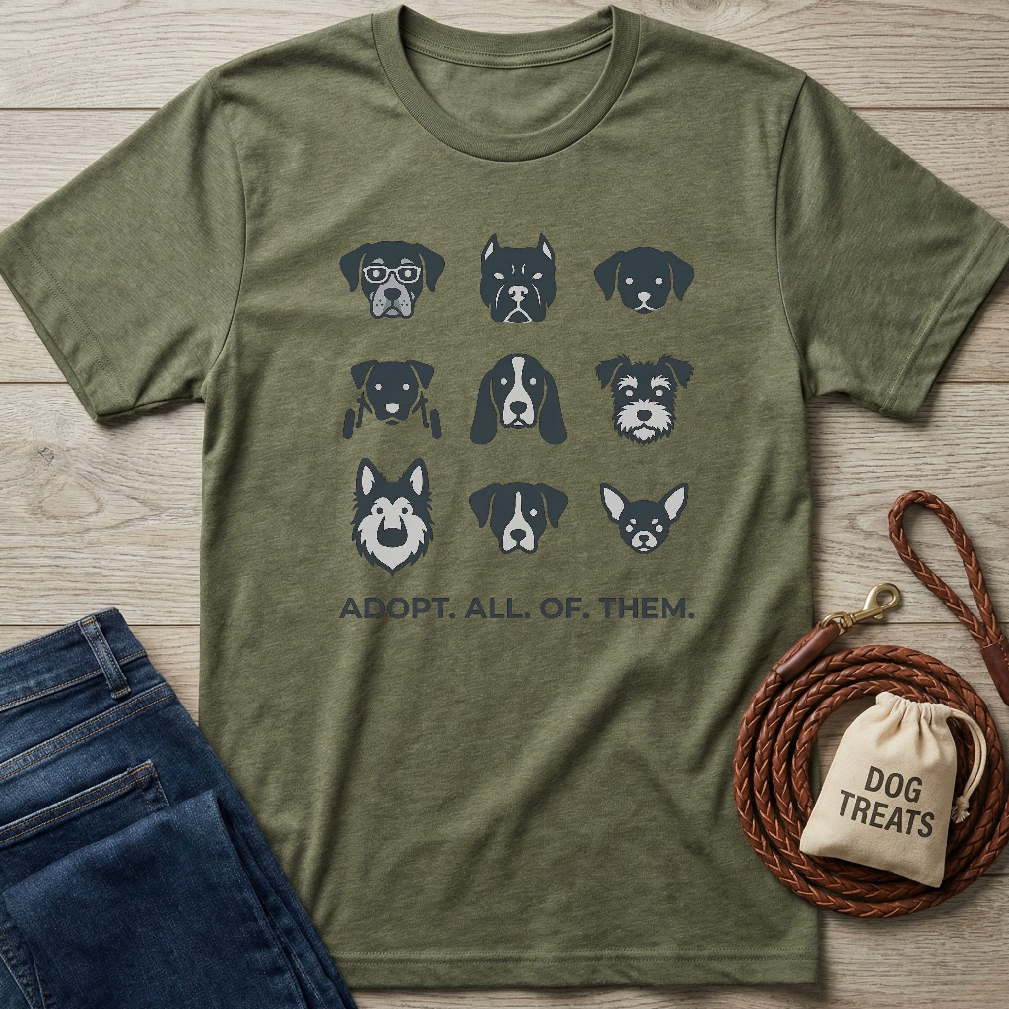 Olive green t-shirt with nine stylized dog faces and "ADOPT. ALL. OF. THEM." text.