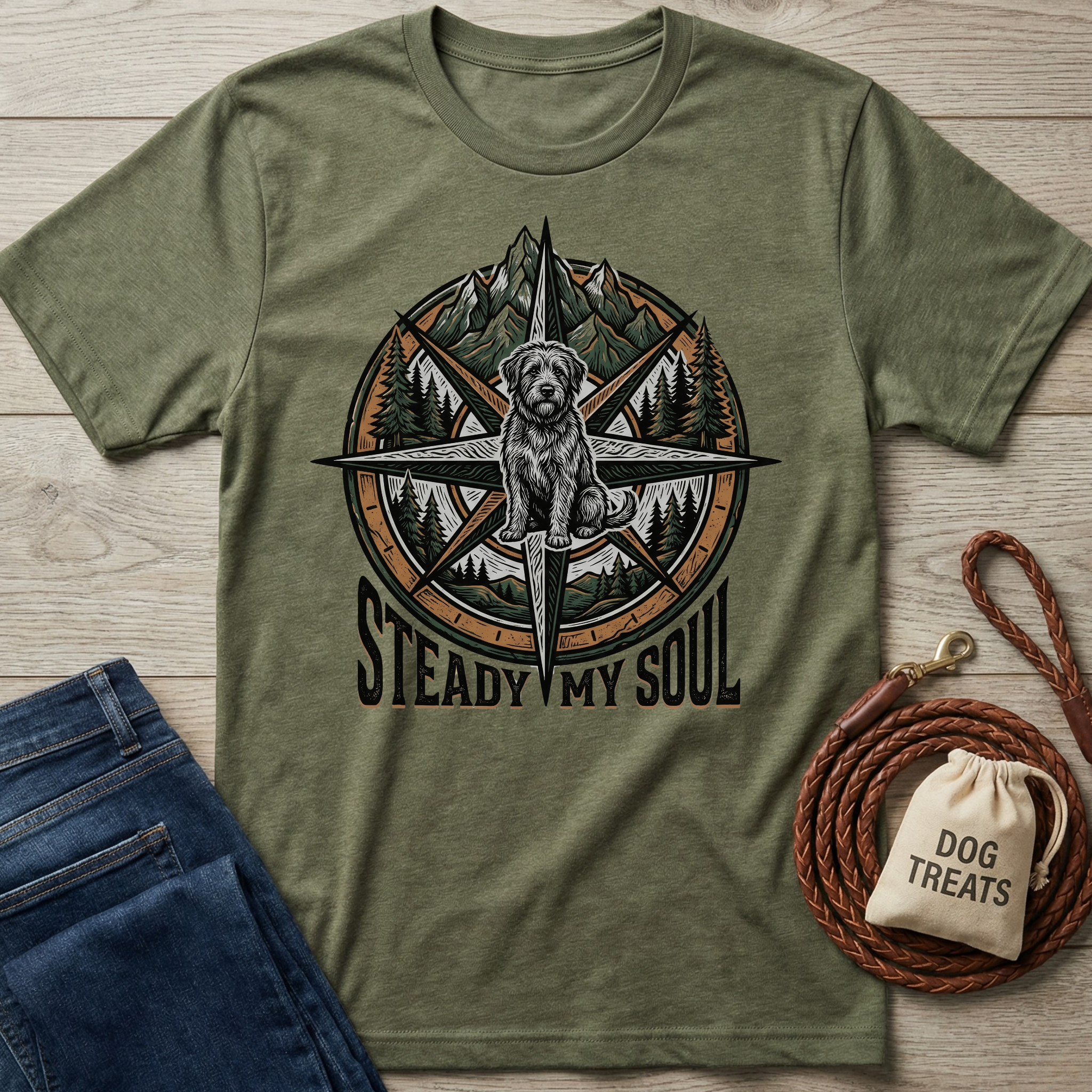 Olive green t-shirt with a compass design featuring a dog, mountains, trees, and "Steady My Soul" text.