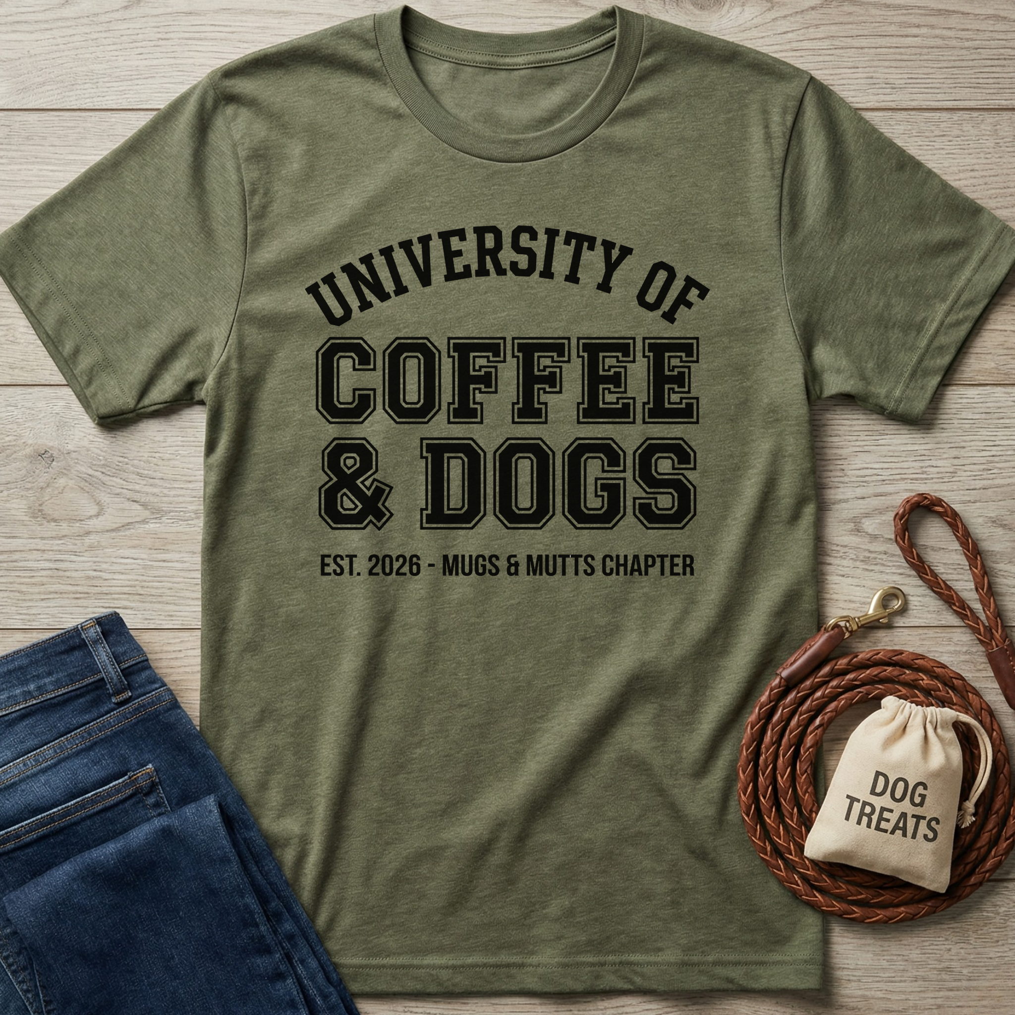 Green t-shirt with 'University of Coffee & Dogs' text on a wooden surface with jeans and a dog treat bag.