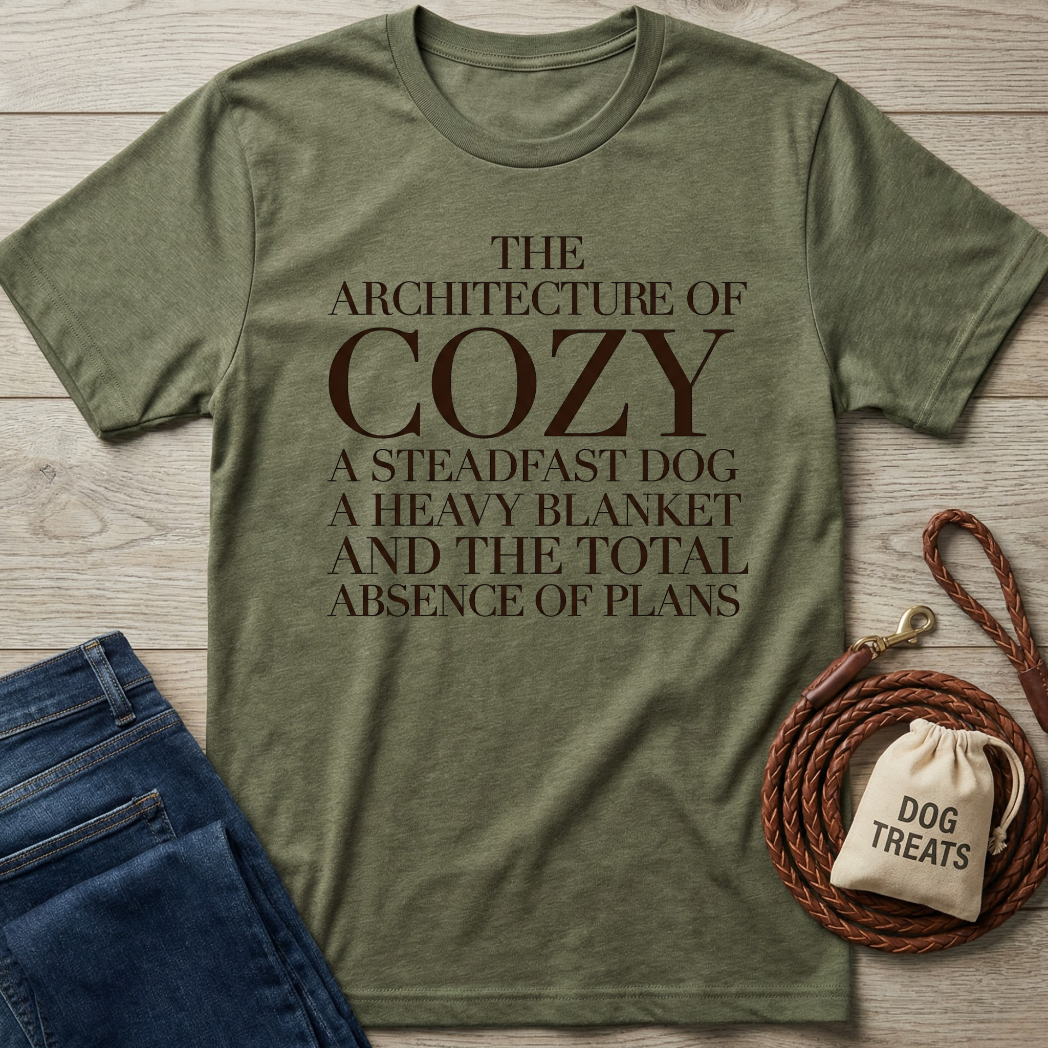 Olive green heather t-shirt with "The Architecture of Cozy" text, next to jeans, a coiled leather leash, and a "Dog Treats" bag.