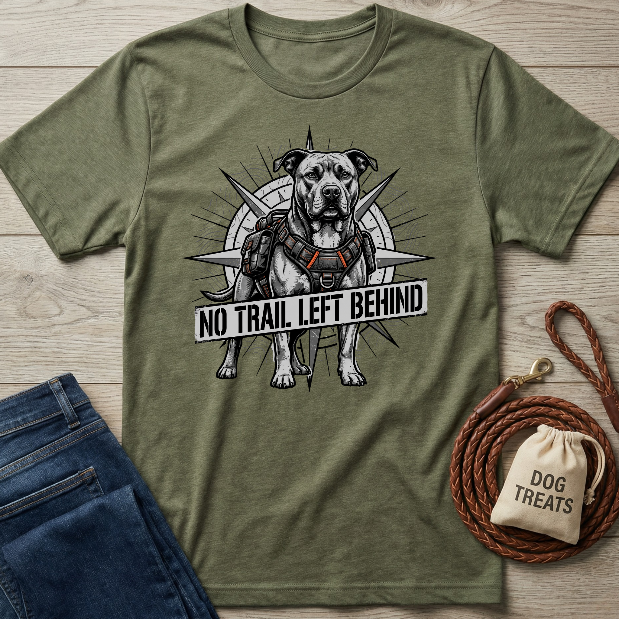 Olive green t-shirt with a graphic of a pit bull wearing a harness and backpack, "NO TRAIL LEFT BEHIND" text.
