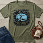 Olive green t-shirt with a blue sleeping dog graphic and "Shelter From The Spark" text.