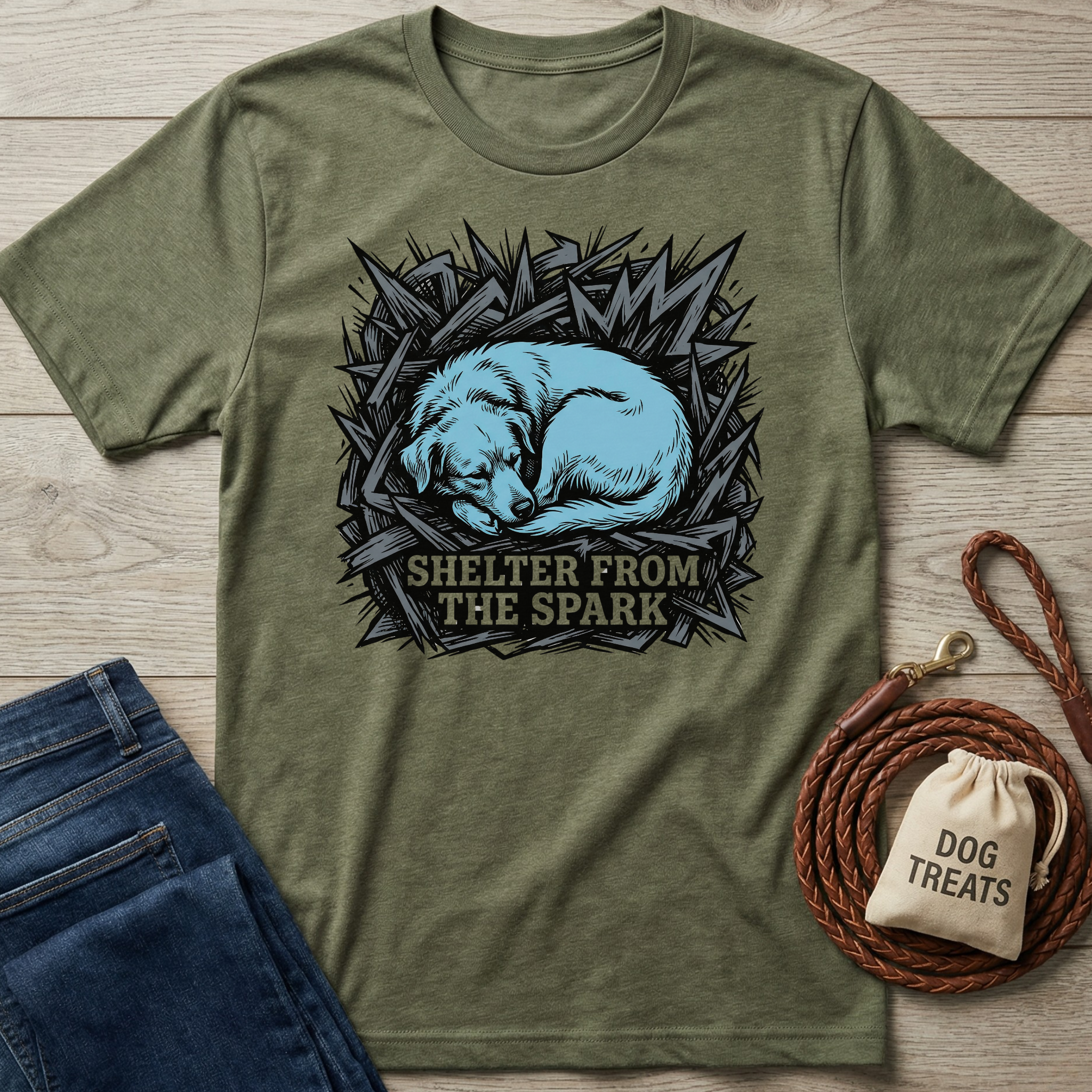 Olive green t-shirt with a blue sleeping dog graphic and "Shelter From The Spark" text.