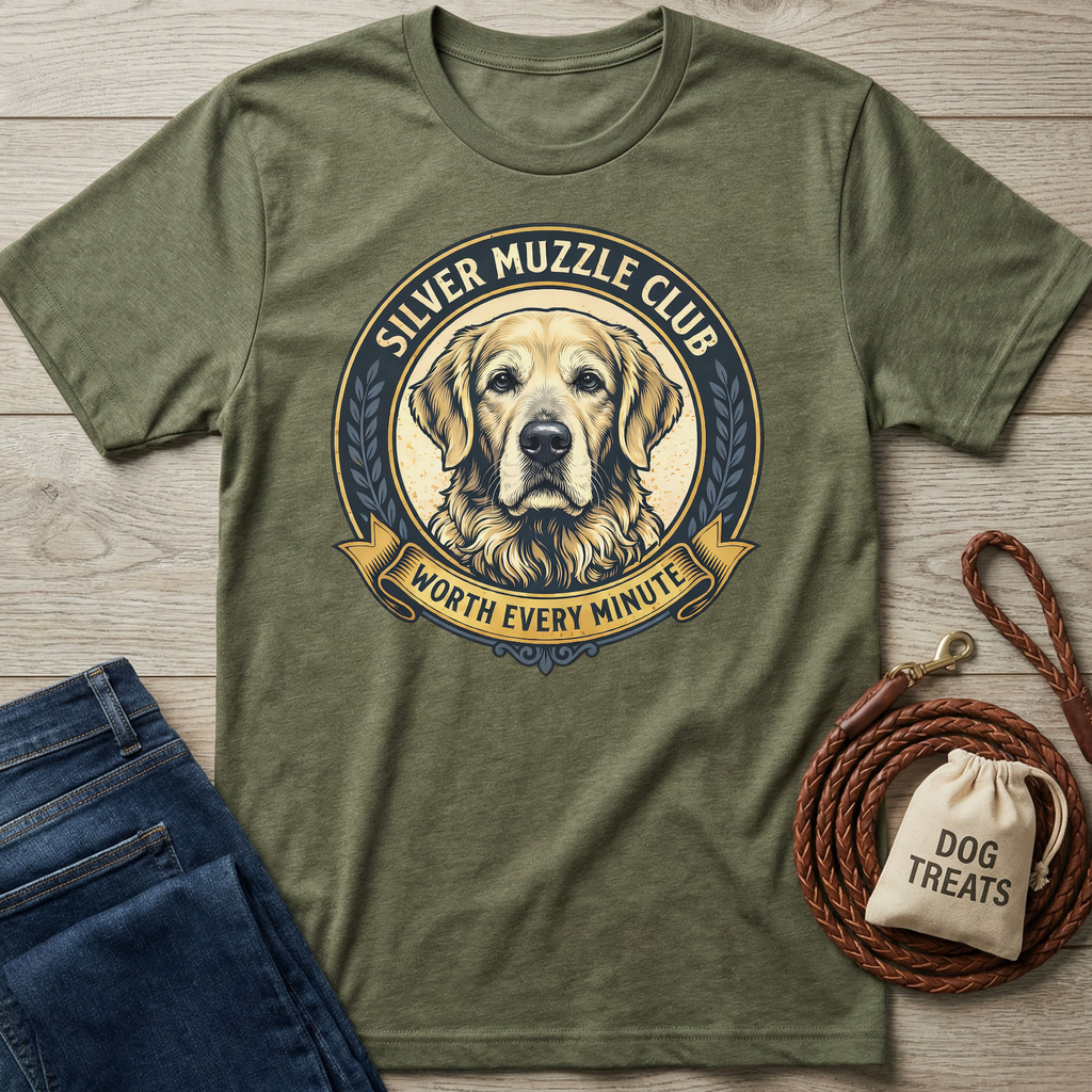 Olive green t-shirt with a "Silver Muzzle Club" graphic featuring a golden retriever, dog treats, and leash.