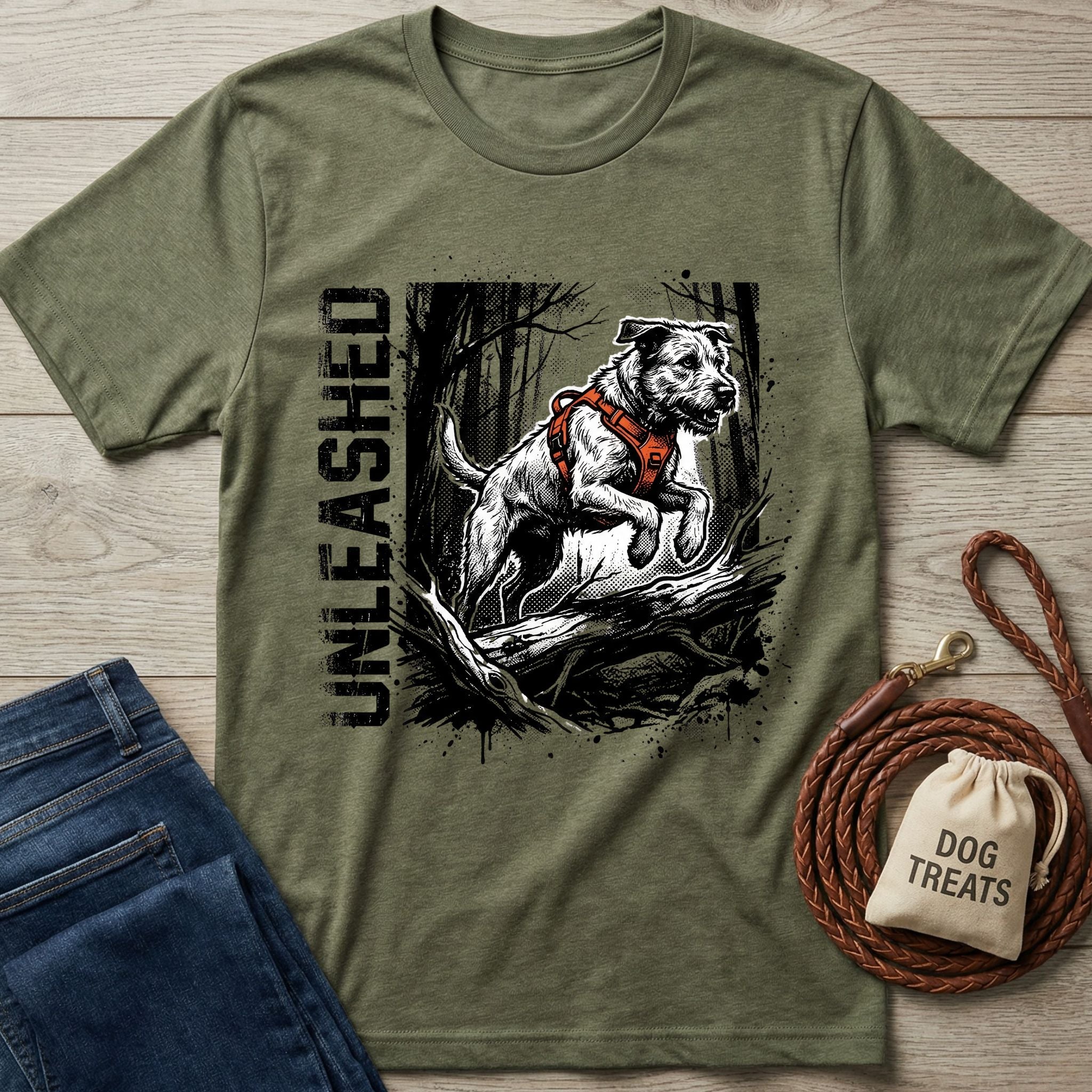 Olive green Unleashed T-shirt with a graphic of a dog in an orange harness jumping over a log.