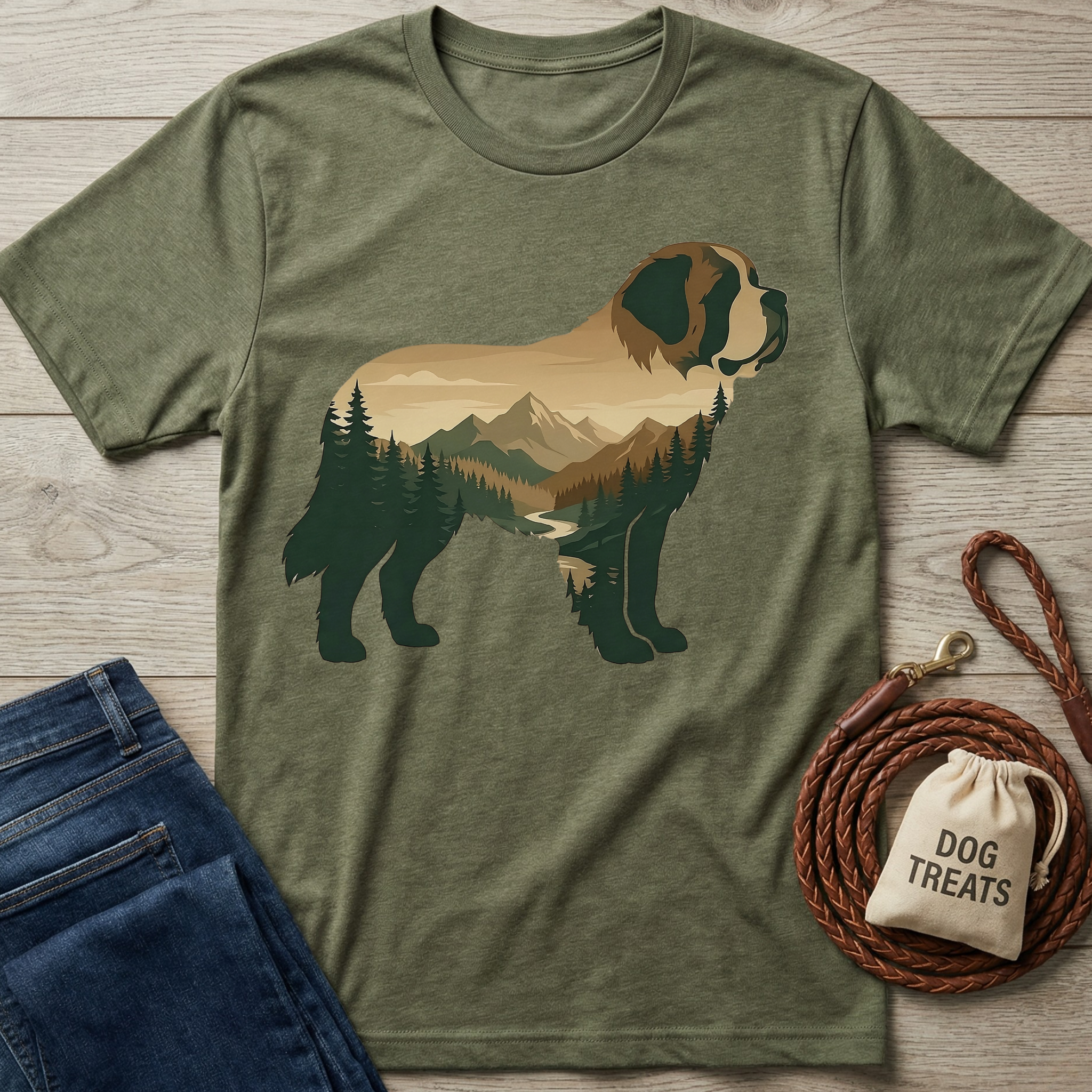 Olive green t-shirt with a St. Bernard silhouette filled with a mountain and forest landscape design.