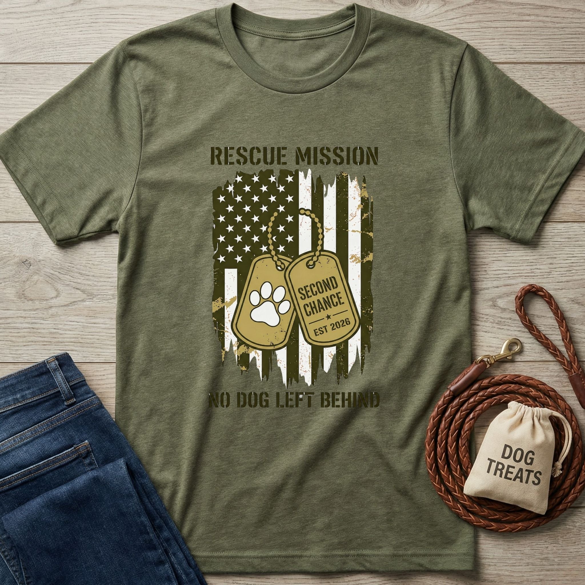 Olive green "Rescue Mission" tee with distressed American flag, dog tags, and "No Dog Left Behind" text.
