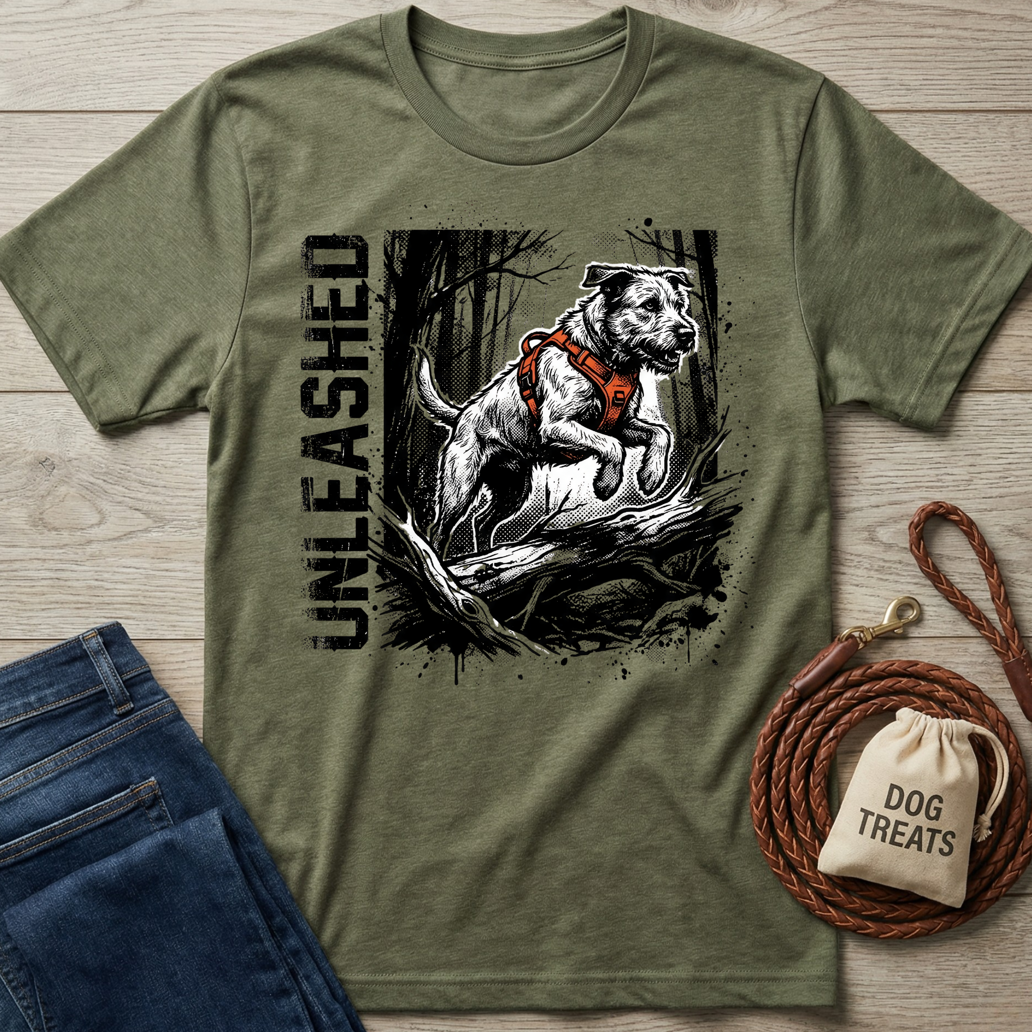 Olive green "Unleashed" T-shirt with a jumping dog design, next to jeans and dog treats.