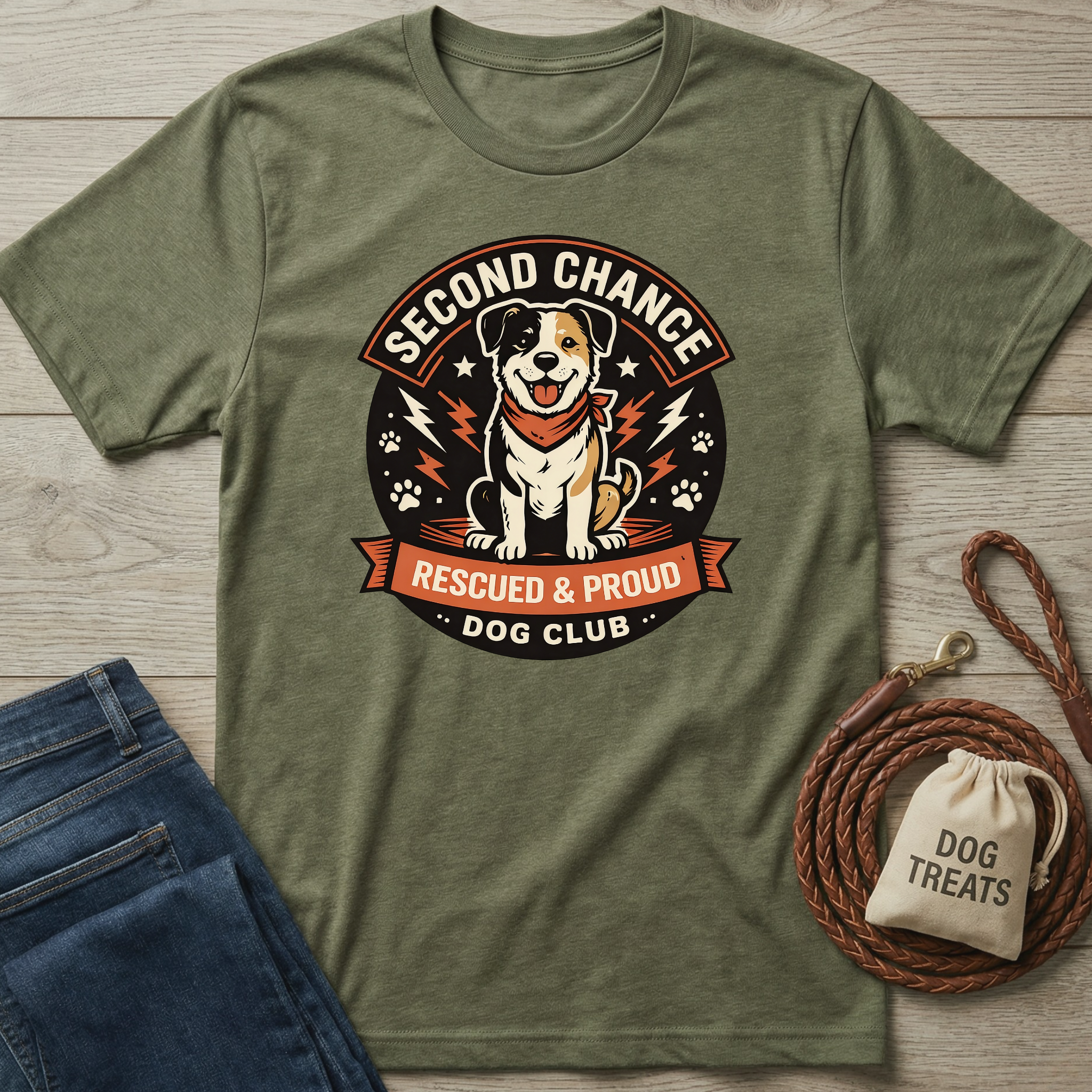Olive green Second Chance Dog Club t-shirt with a happy dog graphic, "Rescued & Proud" banner.