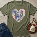 Olive green t-shirt with a watercolor pitbull in a pink and blue heart design.
