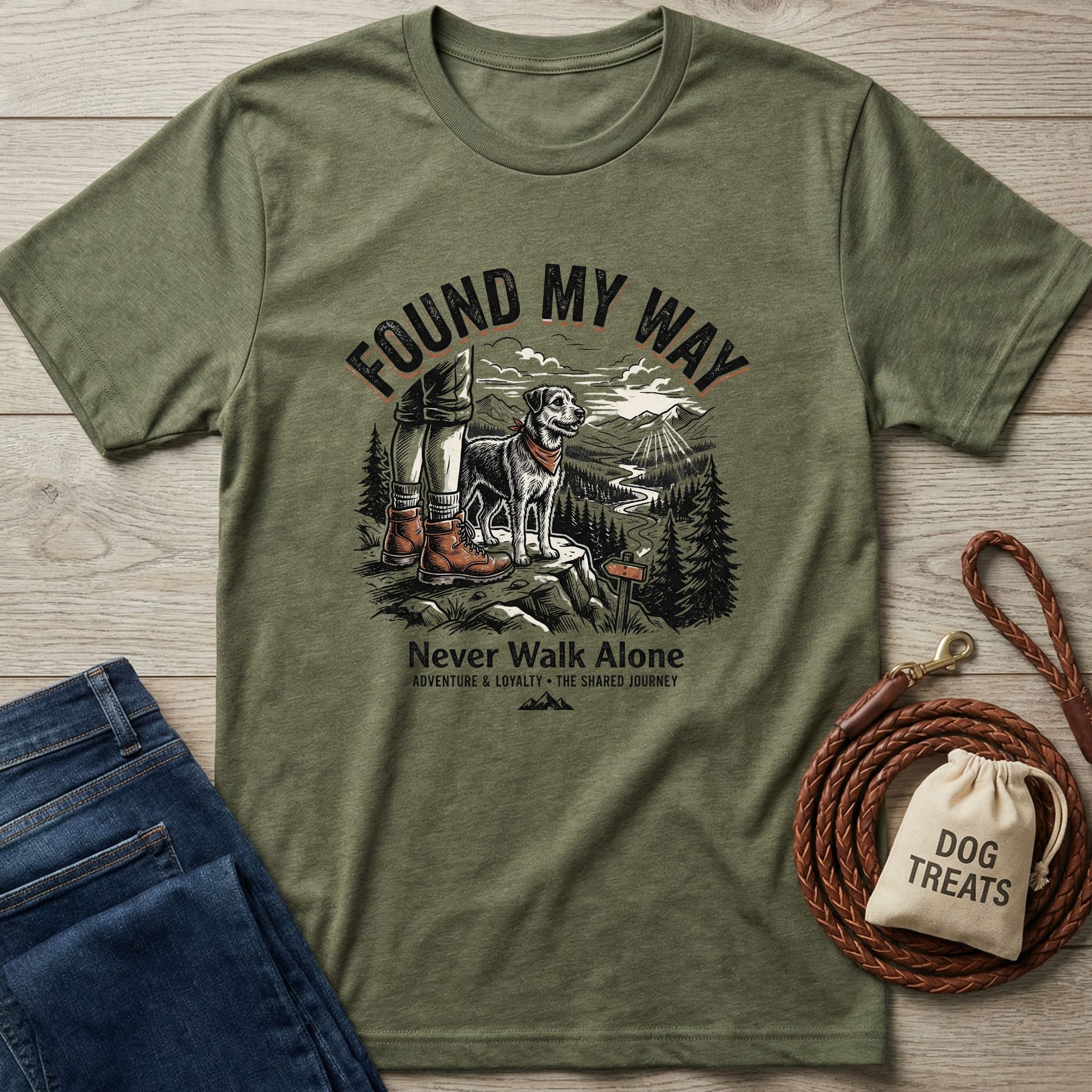Olive green "Found My Way" t-shirt with a graphic of a person, dog, and mountain landscape.