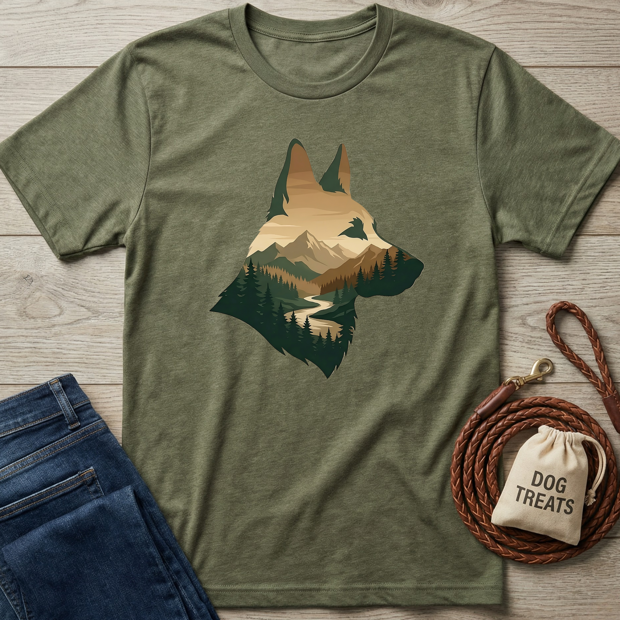 Olive green heather t-shirt with a German Shepherd silhouette filled with a mountain and forest landscape.