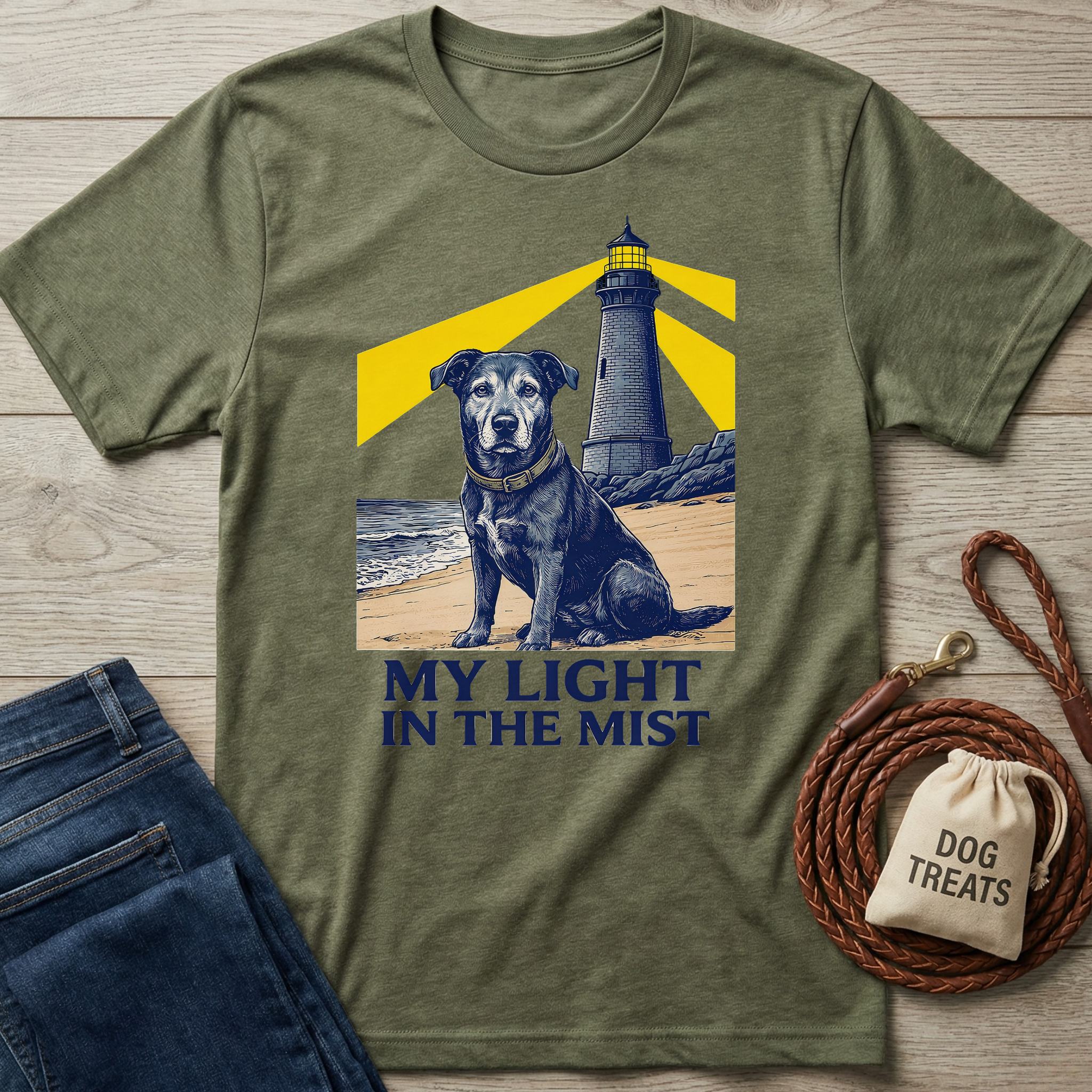 Olive green t-shirt with a graphic of a black dog on a beach with a lighthouse and "My Light In The Mist" text.