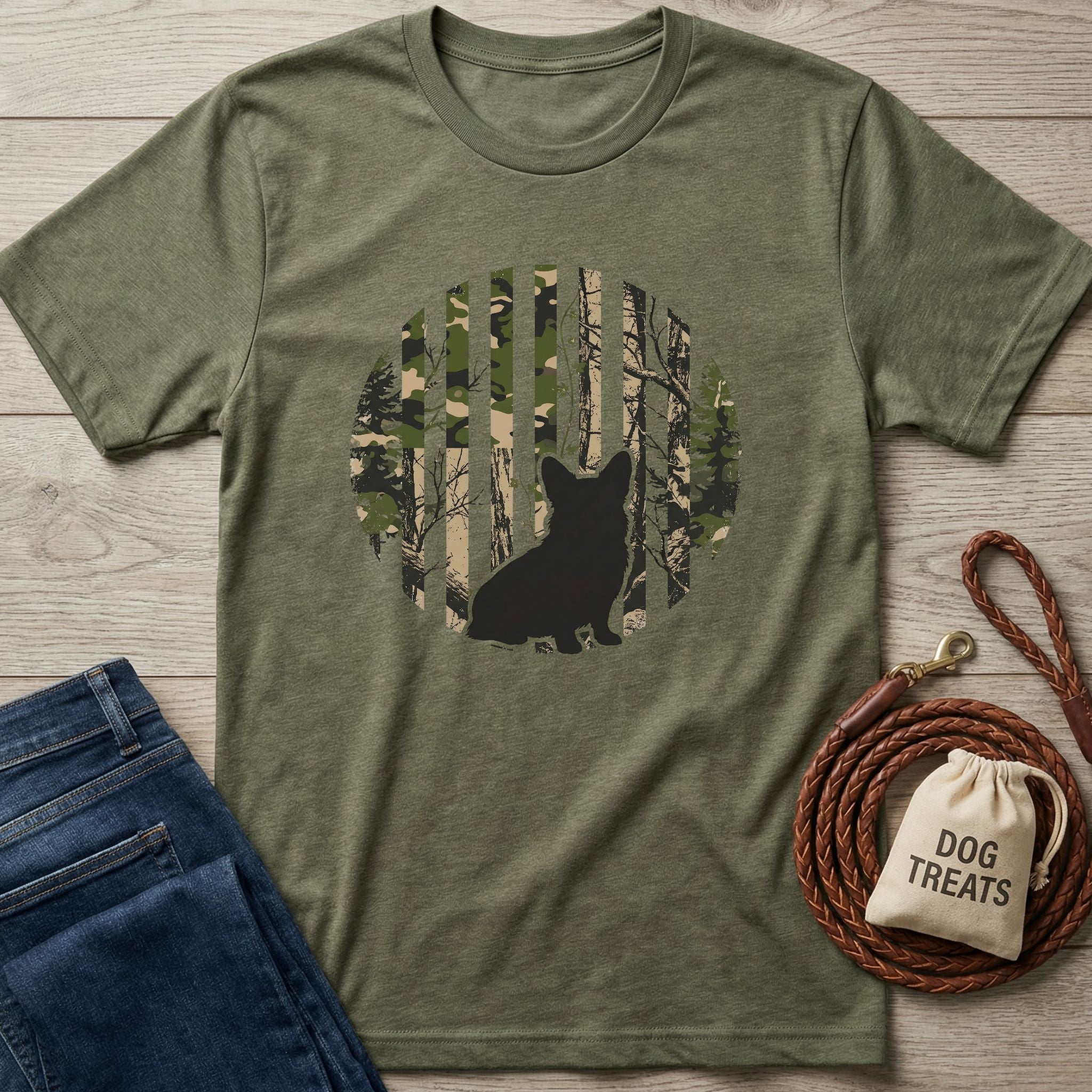 Olive green t-shirt with a black dog silhouette against a striped camo and forest backdrop.