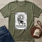 Olive green Gildan Softstyle® t-shirt with "The Protector" Tarot card design featuring a German Shepherd.