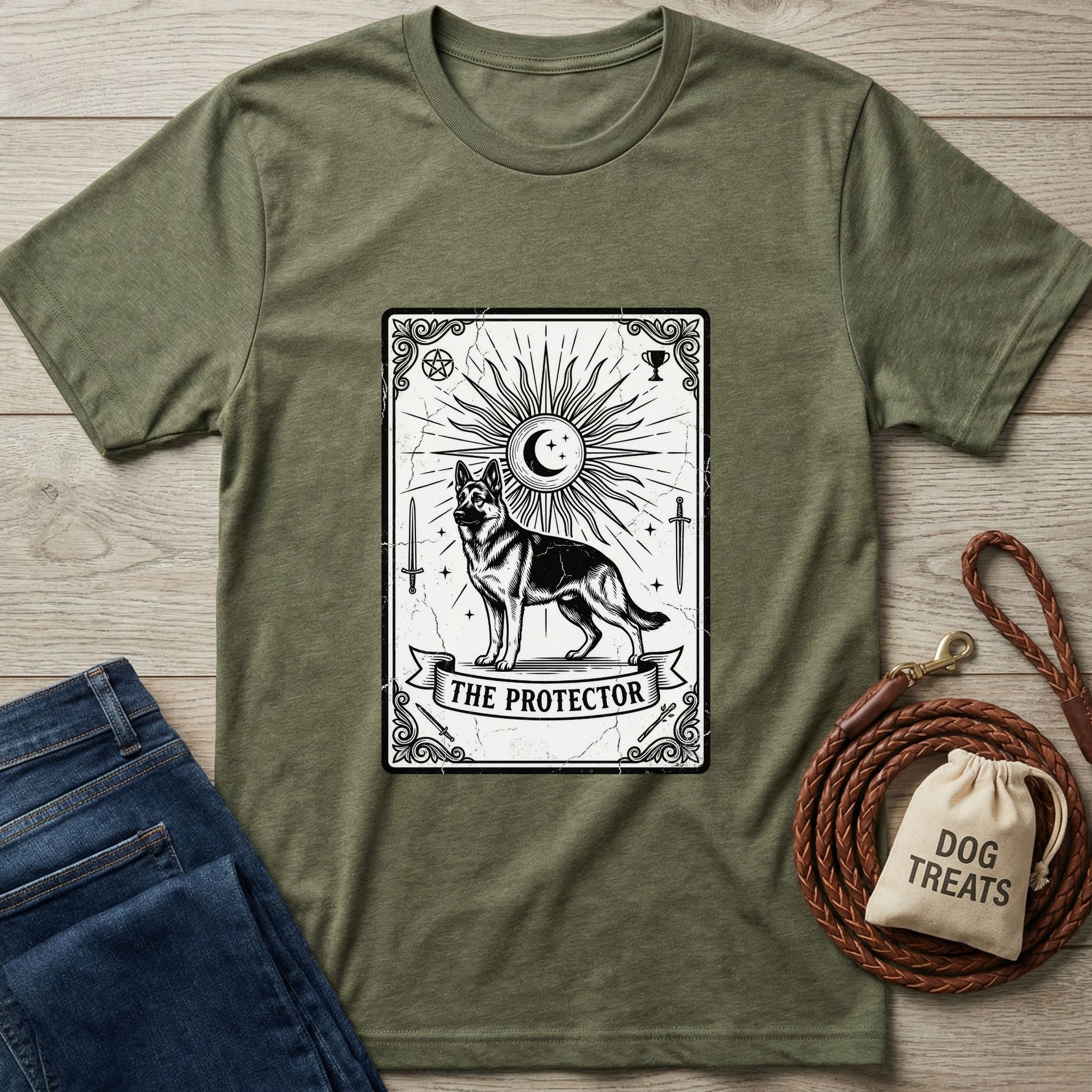 Olive green Gildan Softstyle® t-shirt with "The Protector" Tarot card design featuring a German Shepherd.