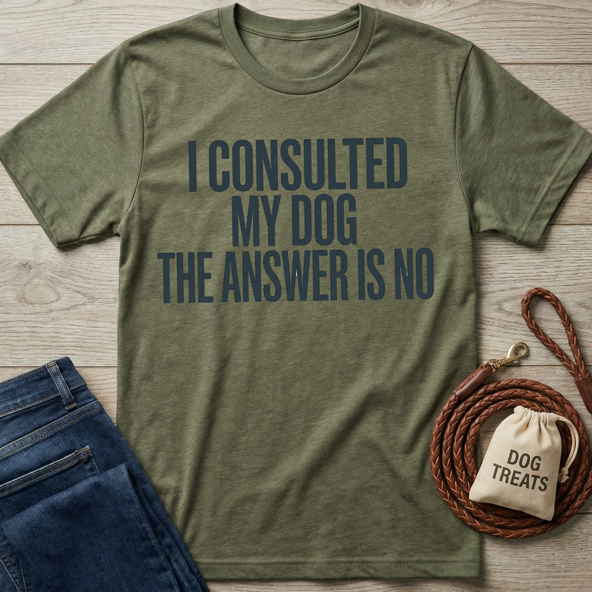 Olive green "My Dog Said No" t-shirt with dark blue text, shown flat with jeans and a dog leash.